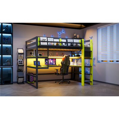 Lit mezzanine double en bois avec bureau, support de rangement latéral, tablettes multiples et lumière RVB, vert