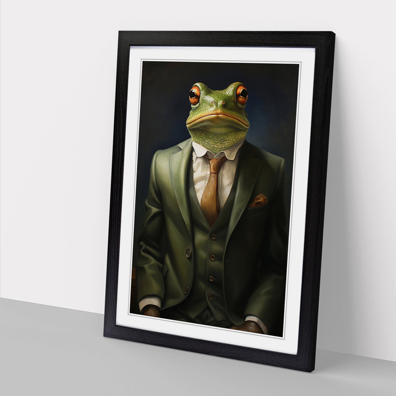 Frog in a Suit Painting - Framed Print, 64cm H x 46cm W, Black Framed
