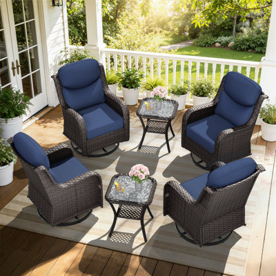 Adcox 4-Person Outdoor Rattan Patio Seating Group With 2 Side Table, 4 Swivel Chairs and Blue Cushions