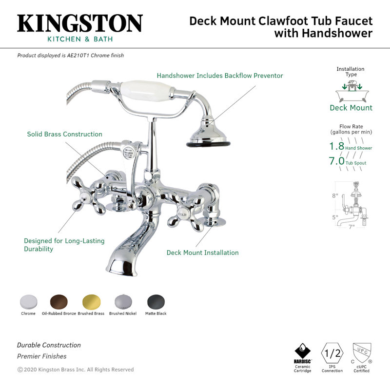 Robinet pour baignoire à pattes à 3 poignées et fixation sur le comptoir à 3 trous et cuivres Kingston, Noir mat