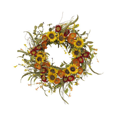 24-Inch Mixed Flower Wreath – Vibrant Sunflower, Poppy, and Wildflower Seasonal Door Decor