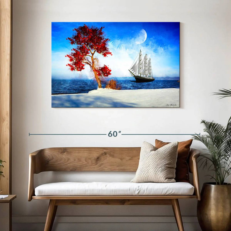 Arbre rouge Mehar et bateau, H 30 po x l 45 po