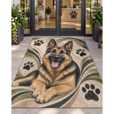 5' x 7' Outdoor Area Rug German Shepherd Botanical Heavyweight Waterproof PVC Coil Loop Carpet, Heavy Duty Patio Rug, Quick Dry Indoor Outdoor Mat for Porch Deck Balcony Entryway RV Camping
