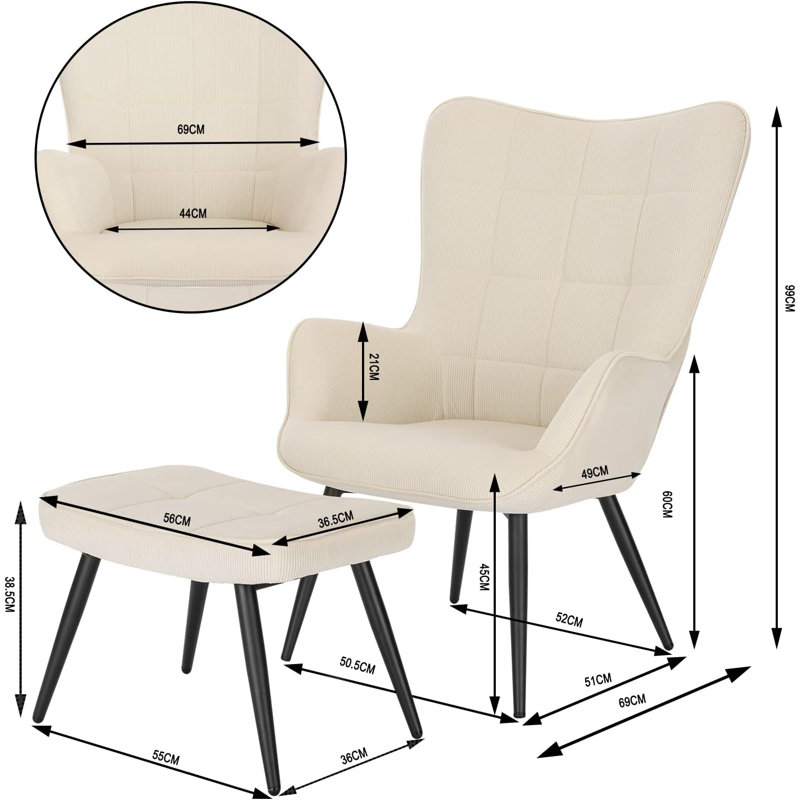 Nevin Velvet Lounge Chair With Footstool, Cream White