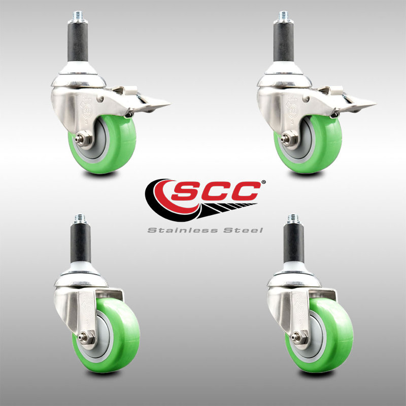 Ensemble de 3 roulettes à tige pivotantes en polyuréthane 3,5 pouces de 1-1 / 8 pouces vert