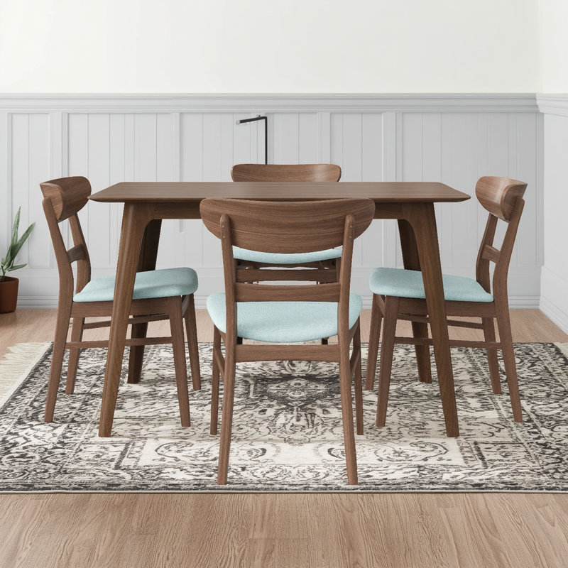 Table de salle à manger et chaises en bois d'hévéa, ensemble de 5 pièces de style Mid-Century moderne, comprenant 1 table et 4 chaises rembourrées, couleur noyer et menthe, convenant à une maison personnalisée.