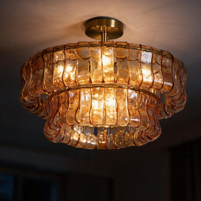20" 6‑Light Double‑Layer Semi‑Flush Mount Light, Brushed Brass Finish with Amber Artistic Glass for Bedroom and Living Room