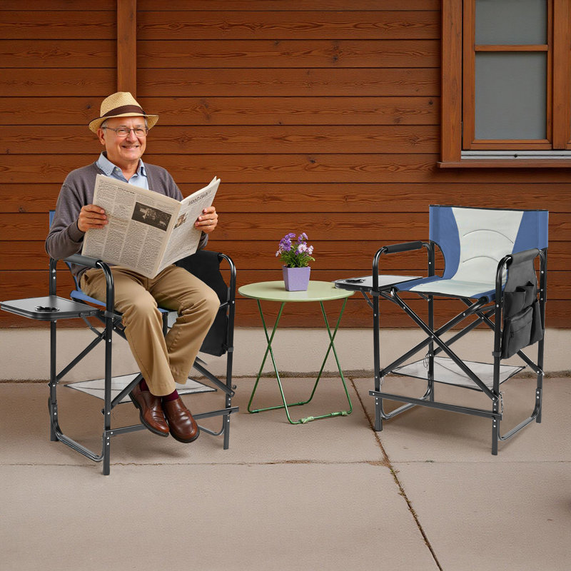 26In Iron Pipe Folding Director Chair With Built-In Cup Holder, Side Table, Storage Pocket, Navy