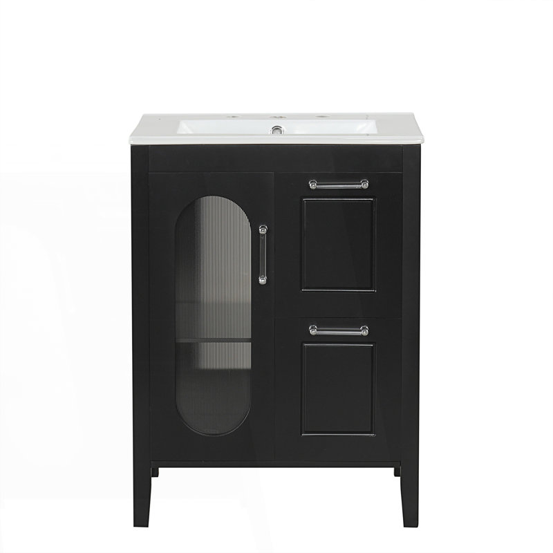 Meuble-lavabo 24 po avec lavabo, meuble-lavabo avec deux tiroirs et tablette réglable, Noir