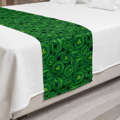 Ambesonne Abstract Green Bed Runner Irish Swirl Shamrock Green Emerald
