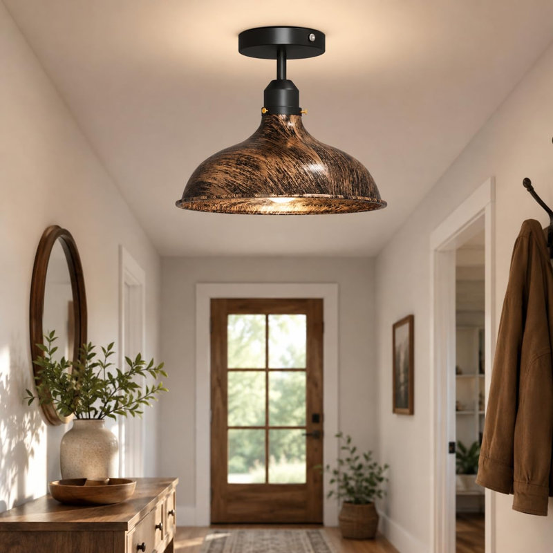 Industrial Flush Mount Ceiling Light with E26 Base, Brushed Copper