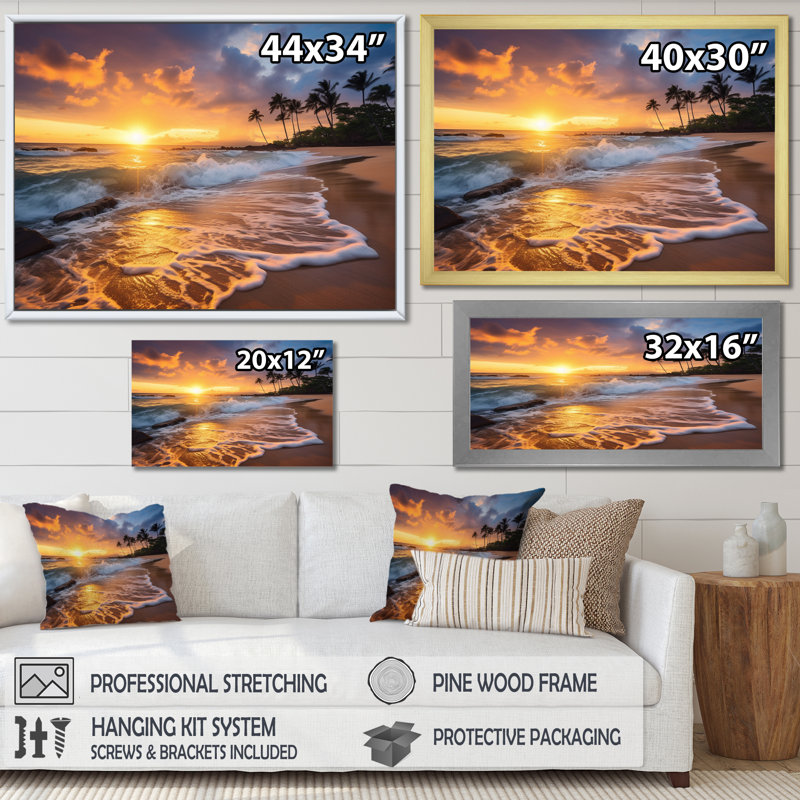 Photo de plage, coucher de soleil, Serenade IX - art mural plage côtière, H 16 po x l 32 po x P 1 po, Cadre flottant doré