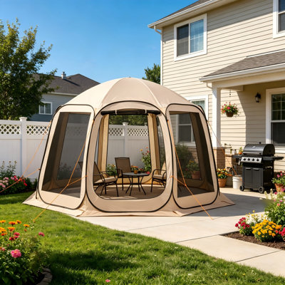 10-12 Person 12' X 11' Pop Up Screen House Tent, Portable Screened Canopy With Carry Bag, Ground Stakes, Beige