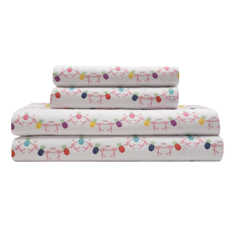 King Whimsical Flamingo Pineapple Print Cotton Sheet Set