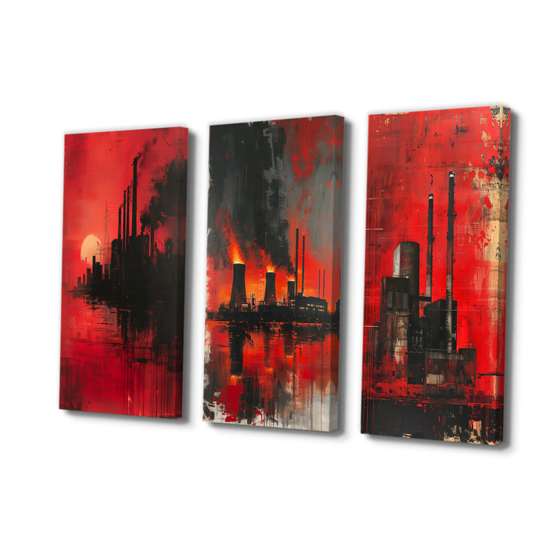 Rouge, noir, industriel, Polution Power Plant I - Collection de grandes impressions sur toile industrielles bleues