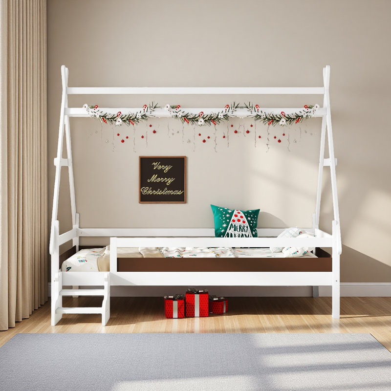 Lit plateforme House avec escalier, structure de lit simple en bois massif, profil bas et design amusant pour enfants, Blanc