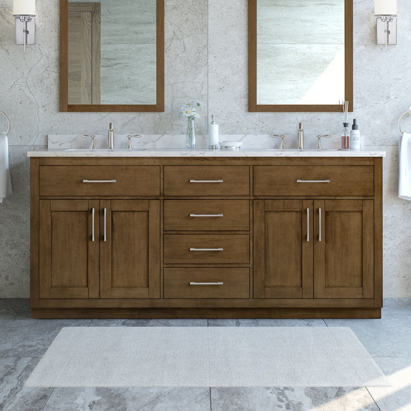Ensemble de meuble-lavabo autoportant blanc à double cuve 72 po avec plateau en marbre blanc Athea, quincaillerie en nickel brossé Athea