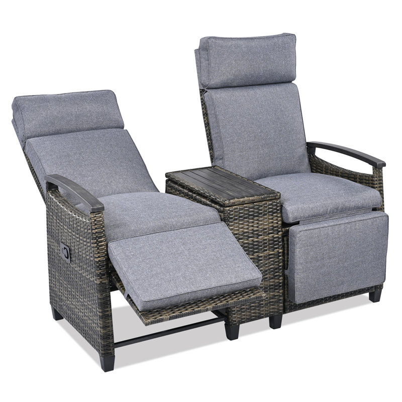 Patio Recliner Loveseat Chair with Adjustable Backrest and Built-in Storage Table, Grey