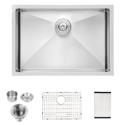 27"x18"x10" Single Bowl Undermount Sink, 304 Stainless Steel, 16 Gauge, X - Shaped Water Guide, R10 Rounded Design, Thick Condensation Coating, 3mm Pad, Dish Grid, Drain Assembly, Drying Rack 27"