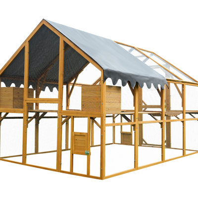 Outdoor Yellow Chicken Coop 110" Kitten Activity Enclosure, Walk - In With Access Enter Door, Two Small Exit , Galvanized Wire Mesh And Sliding Locks