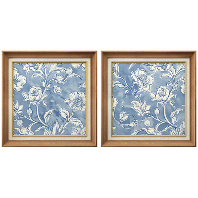 Blue and White Vintage Floral Botanical Pattern - Framed Paper Master Bedroom Wall Art 2 Pieces Print