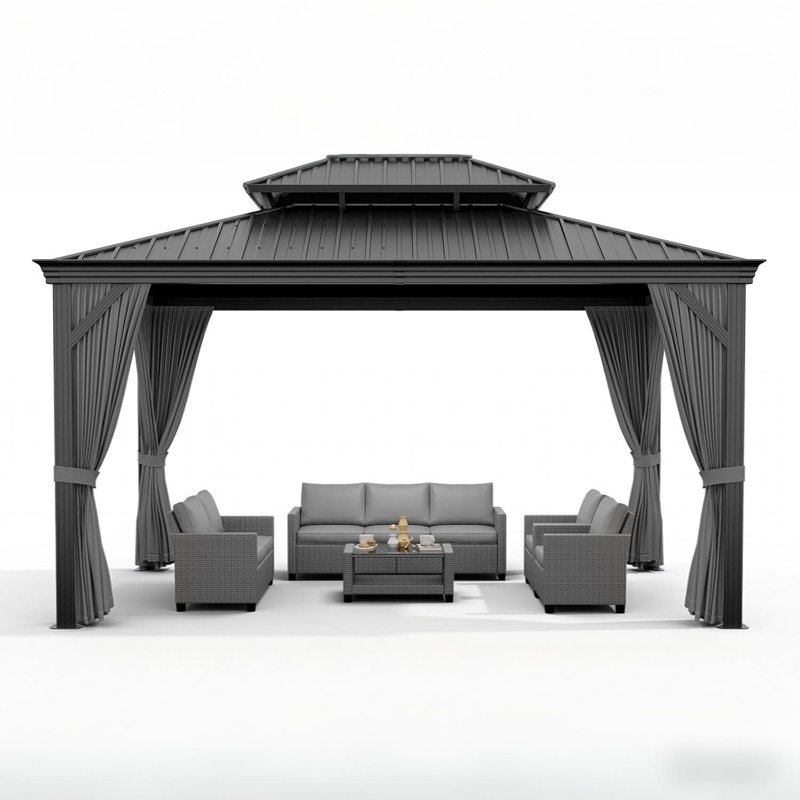 Pavillon de jardin en aluminium avec toit double en polycarbonate, rideaux et filet pour l'extérieur