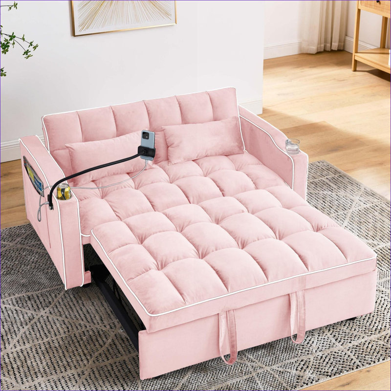 Canapé-lit | Velours moderne convertible réglable 55,5 pouces pour petits dortoirs | Rose bébé | Bois massif, Rose pastel