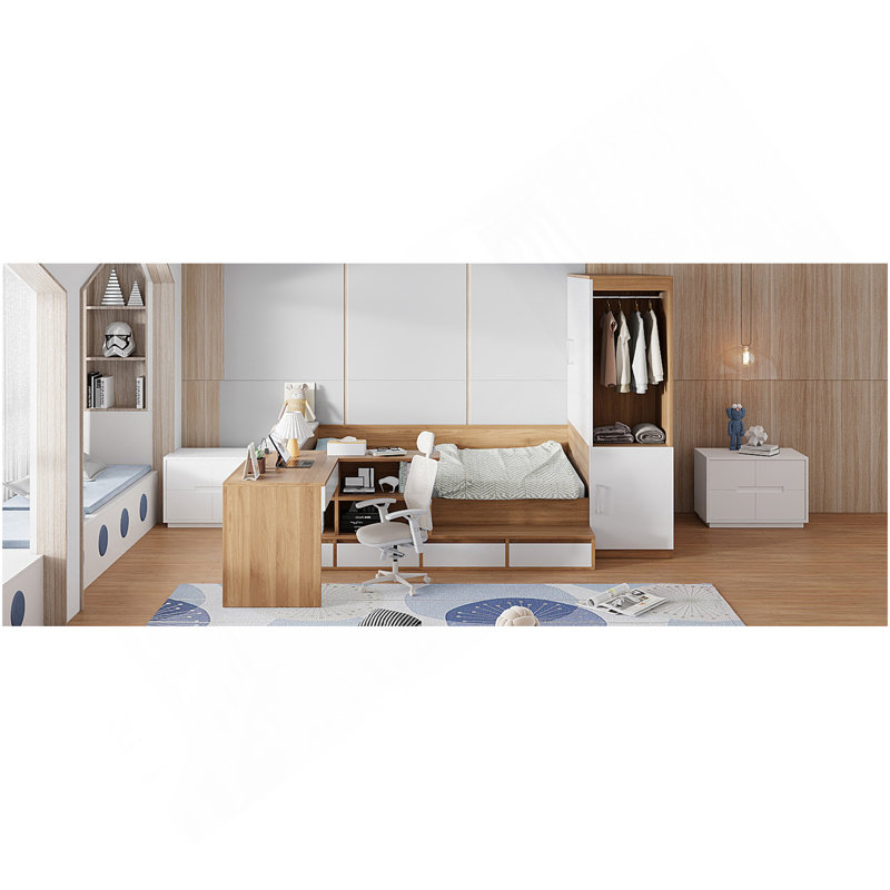 Lit plateforme double en bois avec 6 tiroirs, tablettes, bureau et garde-robe, Naturel