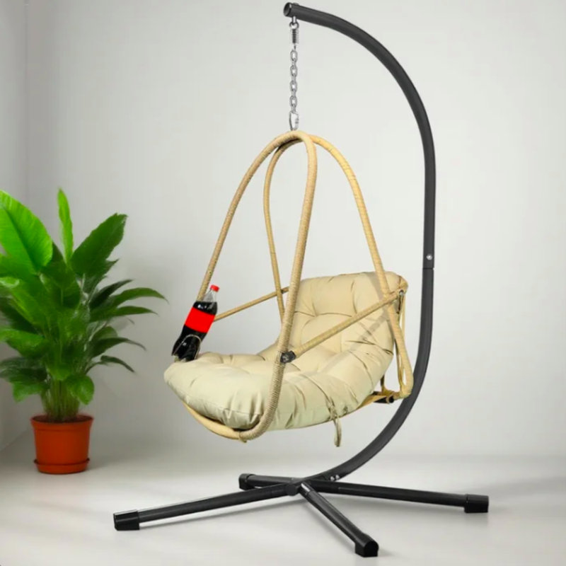 Swing Egg Chair with Stand for Indoor/Outdoor, Foldable Wicker Rattan Patio Egg Swing Chairs ,Hammock Egg Chair with C Type Bracket,UV Resistant Cushion and Pillow  , 350 Lbs Capacity(Beige)