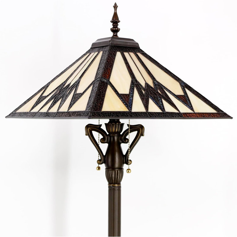 Mission Style Tiffany Floor Lamp With Stained Glass Shade, Pull Chain Switch, And Resin Base For Living Room Or Reading Nook