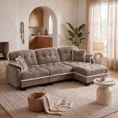 Brown 3 Seat Chenille Cloud Sofa with Movable Ottoman Deep Tufted Cushions and Pom Pom Trim