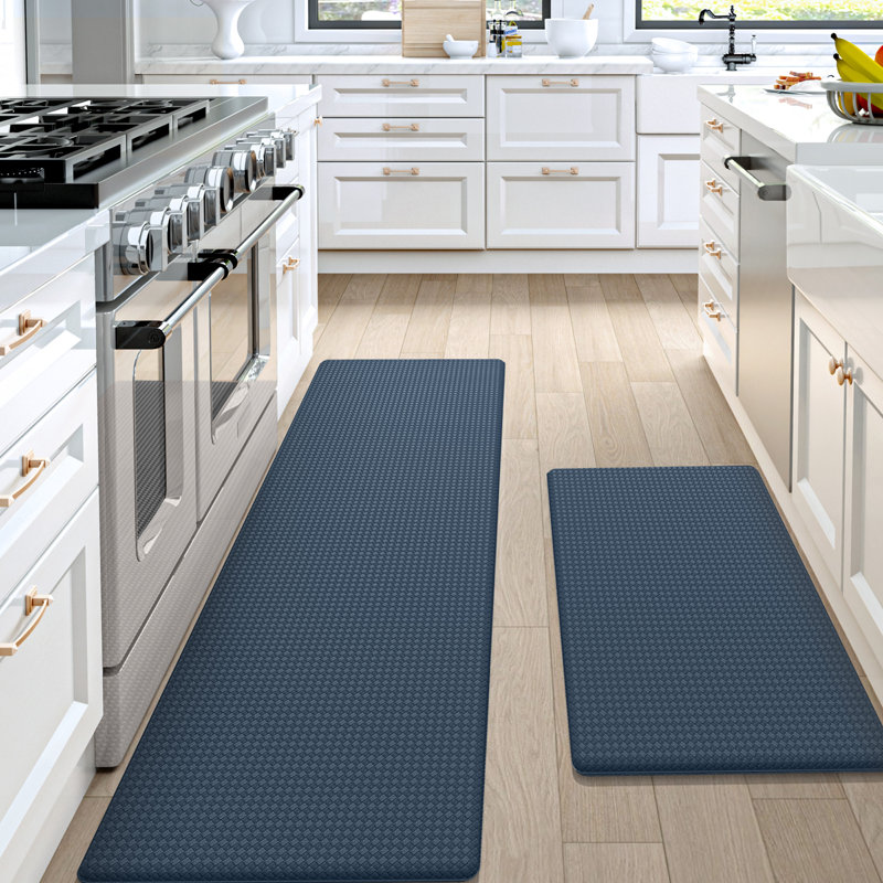 Castelford Plaid Memory Foam Kitchen Mats Ant-Fatigue Non-Skid Kitchen Rugs (Set of 2), Blue, Runner 17"x29.5" + 17"x59"