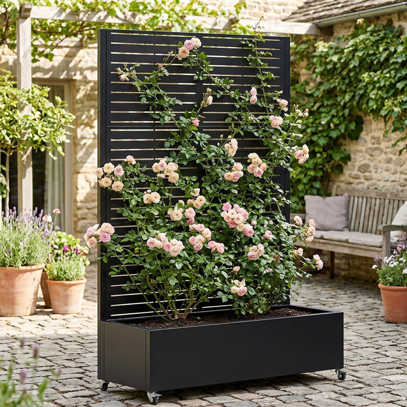 Lit de jardin surélevé en métal avec treillis à persiennes, boîte à fleurs roulante avec écran d'intimité et trous de drainage