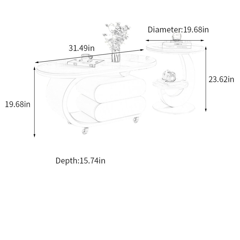 Table basse Rock Slab avec rangement, Blanc / Gris, H 19,68 po x L 31,49 po x l 15,74 po, Noir