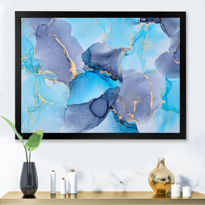 Turquoise et mauve luxueux, art fluide abstrait VII, reproduction sur toile, H 12 po x l 20 po x P 1 po, Cadre photo noir