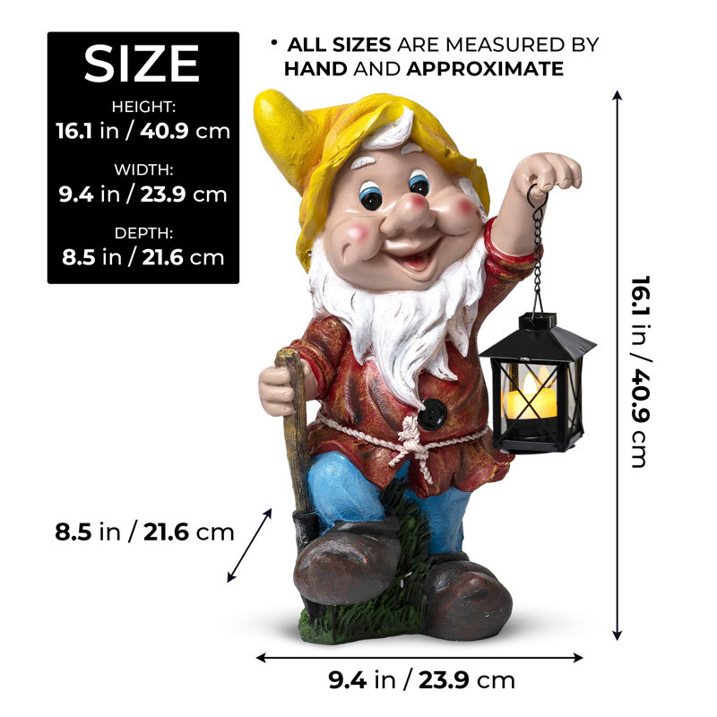 Statue de gnome d'extérieur, lanterne en métal, grand art de jardin de 16 po