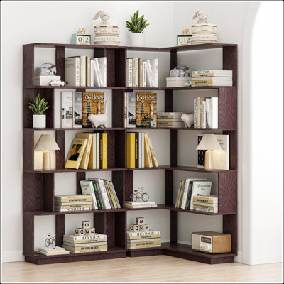 90cm Extended Size Freestanding L-Shaped Corner Bookshelf, Anti-Drop Wooden Bookcase with Anti-Tipping Device, Open Storage Organizer for Living Room and Home Office