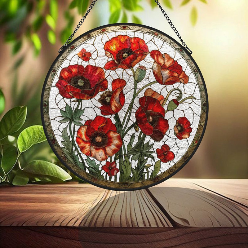 Vitrail coquelicots vitrail vitrail pour fenêtre, 6,3 x 6,3 po (16 x 16 cm)