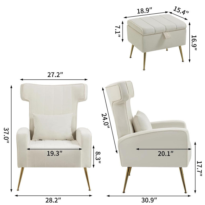 Fauteuil en velours 28,2 po Franchelle, Velours blanc