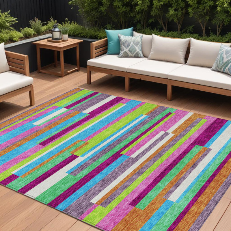 Tapis extérieur lavable rayé orange et vert lime 10 pi x 14 pi