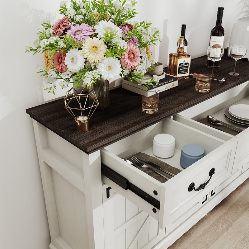 Farmhouse Sideboard Buffet Cabinet With Storage, 65'' Large Kitchen Storage Cabinet With Barn Doors Drawers, Wood Coffee Bar Table For Dining Room Living Room