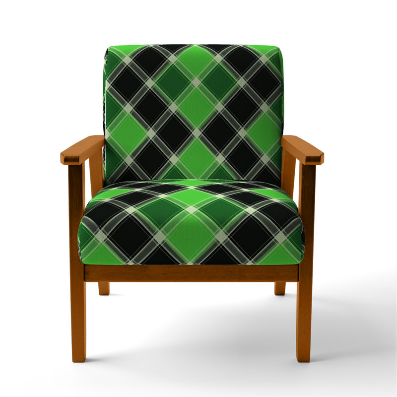 Tartan à carreaux - Fauteuil d'appoint rembourré à motifs, Vert / velours noir, Accoudoirs carrés bruns