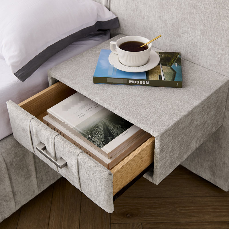 Très grand lit tapissier en chenille plissée et à angle - lumières réglables, tête de lit plateforme, table de chevet, lampes, beige