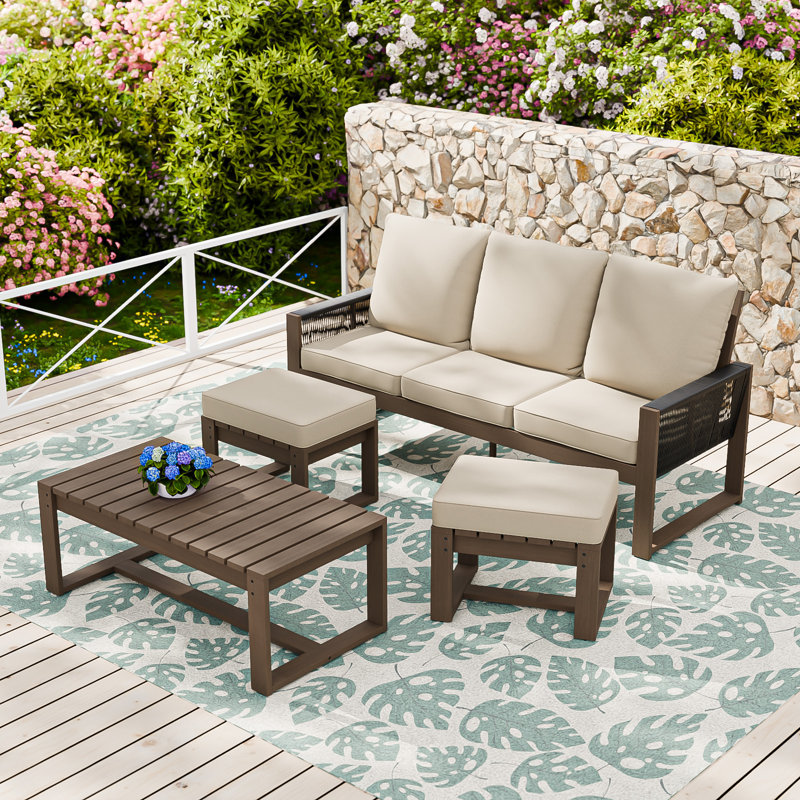 4-Piece Cedar Wood Wicker Patio Outdoor 3-Seat Sofa Seating Group with Olefin Cushions, Rectangle Coffee Table, Ottomans