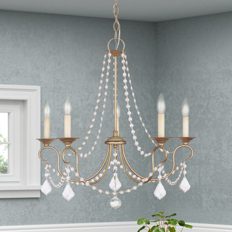 Lustre traditionnel de style bougie avec détails en cristal Fabio, Feuille d’argent antique