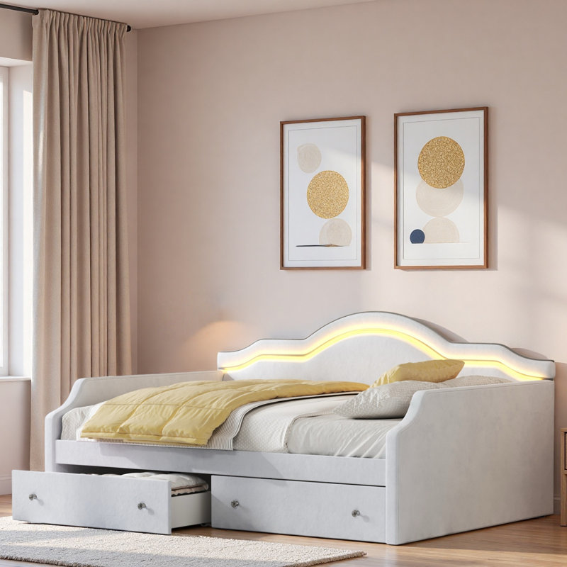 Upholstered Daybed With Led And 2 Drawers, Gray, Full