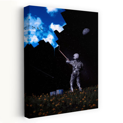 Tableau d'astronaute, ciel surréaliste abstrait contemporain, oiseau, paysage naturel, impression d'art mural