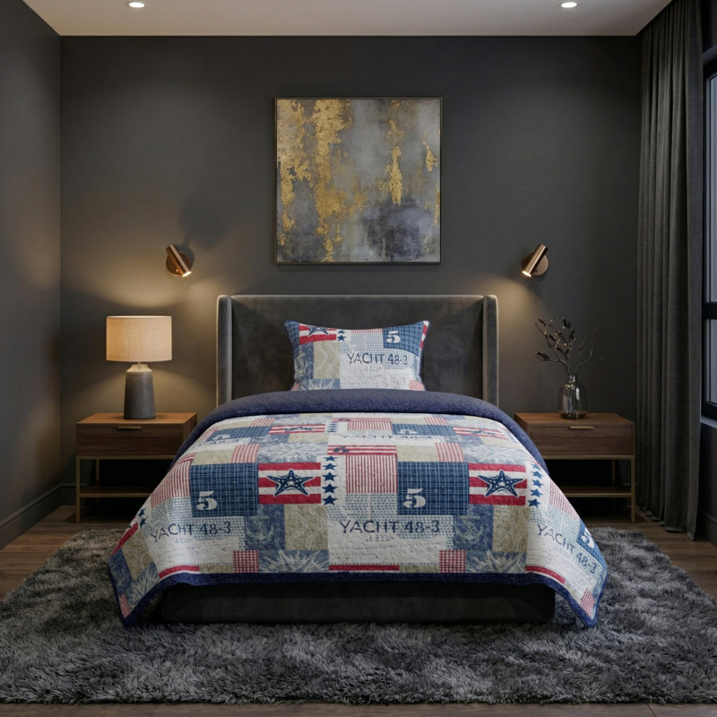 Lavish Home 2-Piece Quilt Set - Nautical Americana Patchwork Print All-Season Soft Microfiber Bedspread - Twin Bedding with Pillow Sham 