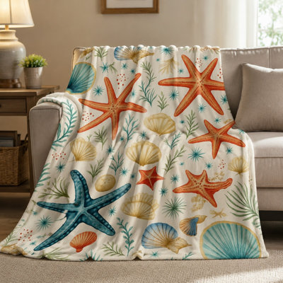 Cozy Flannel Fleece Throw Blanket - Ocean Shell Starfish Coastal Pattern, Multi‑Beach Tone, Soft, Lightweight, Breathable, All‑Season, Skin‑Friendly, Machine Washable, Decorative, for Sofa, Couch, Living Room and Bedroom