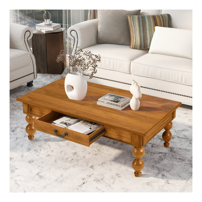 Table basse rectangulaire en bois avec tiroir de rangement, table de cocktail rétro avec pieds en bois massif en forme de gourde pour le salon, assemblage sans outils (naturel)